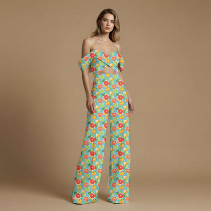 sky blue tropical print fabric draped — co-ord set styling