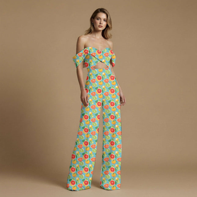 sky blue tropical print fabric draped — co-ord set styling