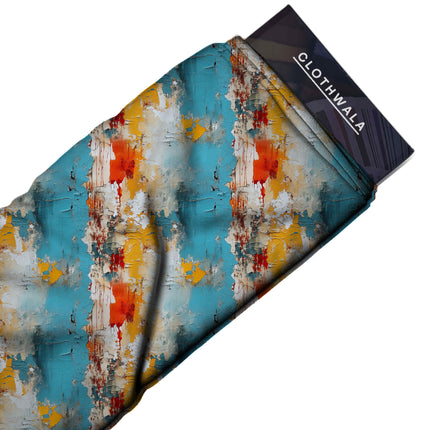 teal blue abstract print fabric draped — saree styling