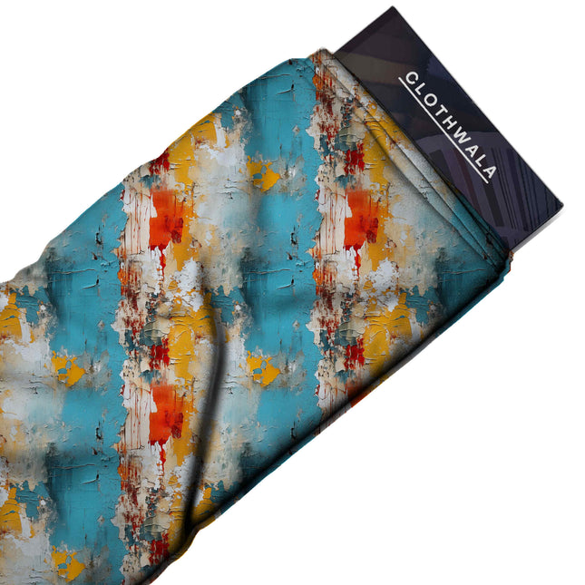 teal blue abstract print fabric draped — saree styling