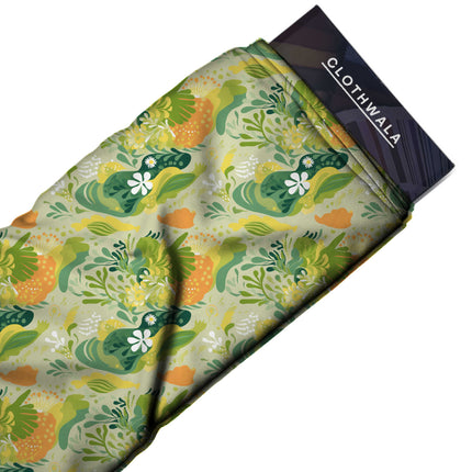 lime green floral print fabric draped — palazzo suit styling