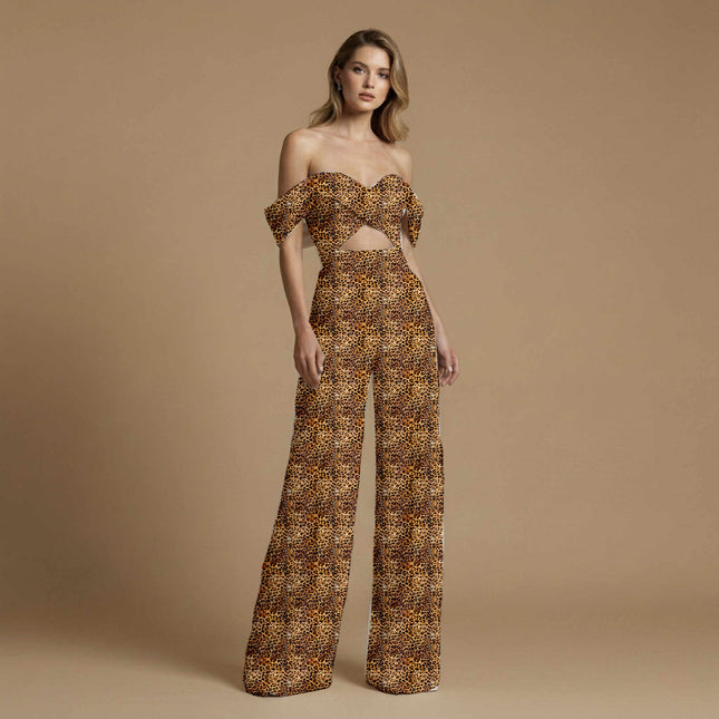 jet black animal print fabric draped — palazzo suit styling