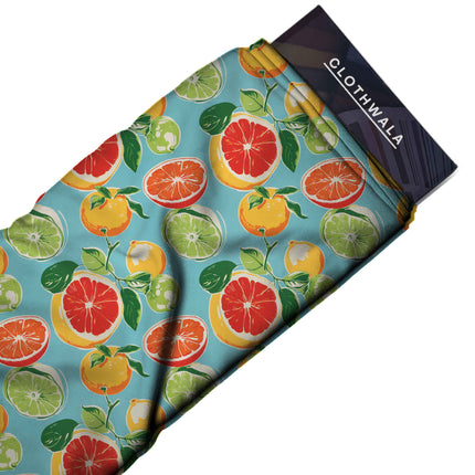 sky blue tropical fabric detail — matte finish digital print closeup