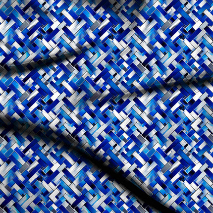 cobalt blue geometric all-over print pattern — medium scale repeat layout