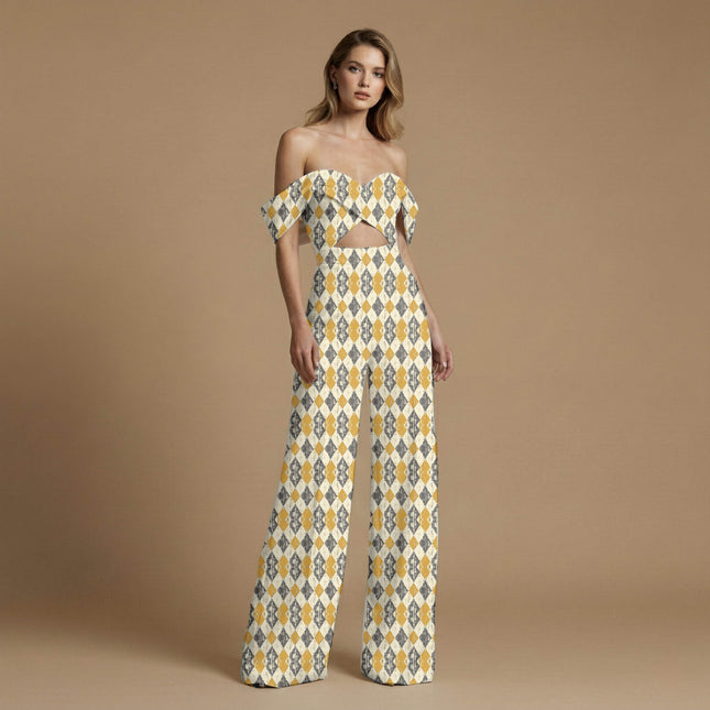mustard yellow geometric print fabric draped — palazzo pants styling