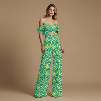 teal green tropical all-over print pattern — medium scale repeat layout