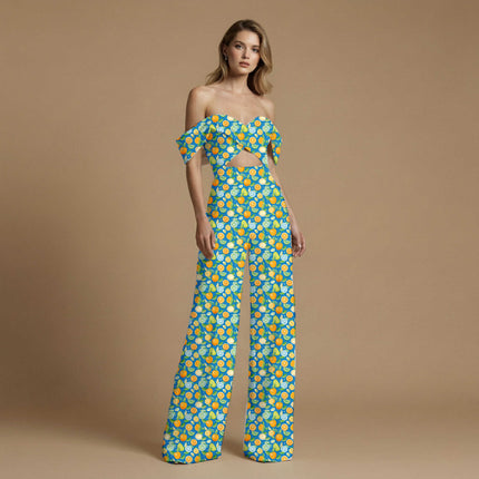 cobalt blue tropical print fabric draped — shorts styling