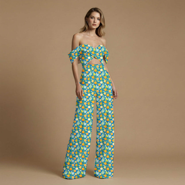 cobalt blue tropical print fabric draped — shorts styling