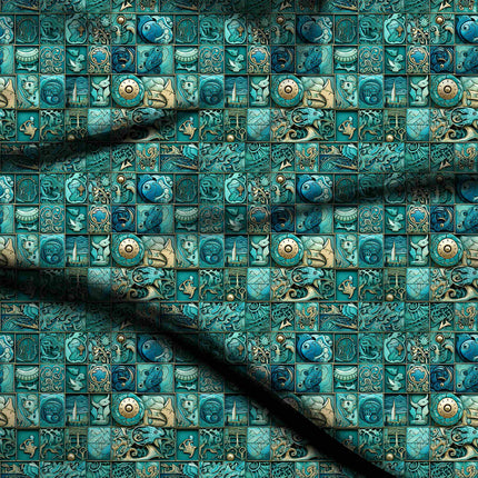 teal ethnic digital print fabric texture — large scale closeup