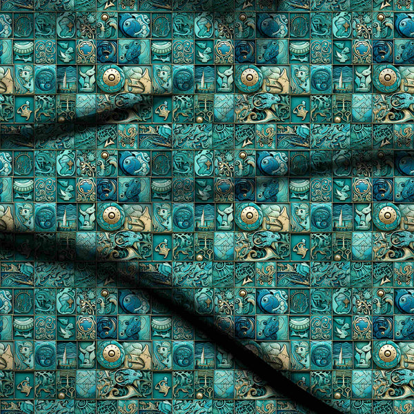 Teal Intricate Embossed Ancient Motifs Print Fabric