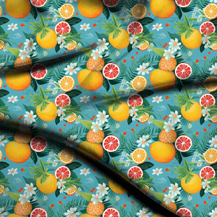 teal blue tropical digital print fabric texture — medium scale closeup