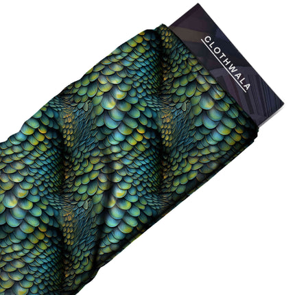 peacock blue animal fabric detail — glossy finish digital print closeup