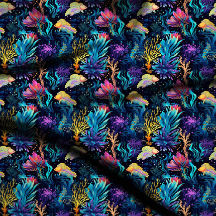 electric cyan tropical digital print fabric texture — medium scale closeup