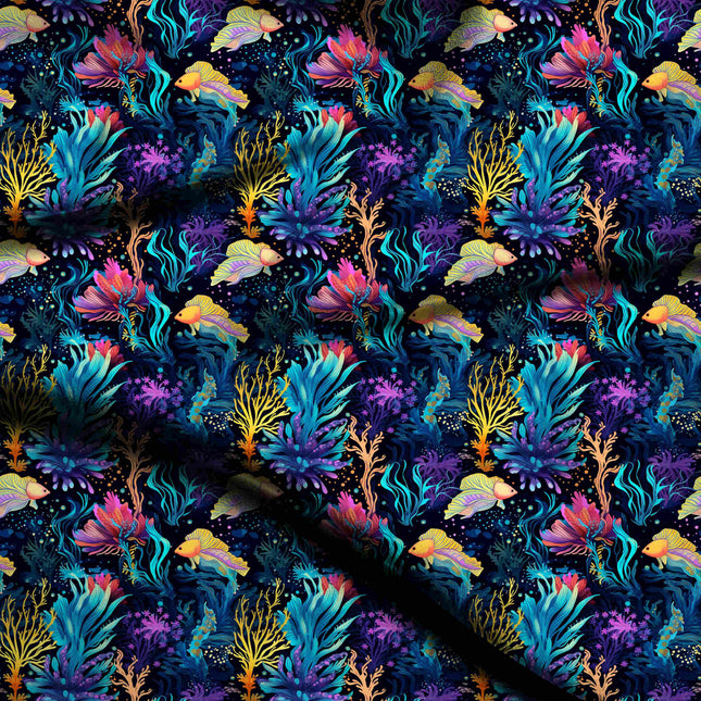 electric cyan tropical digital print fabric texture — medium scale closeup