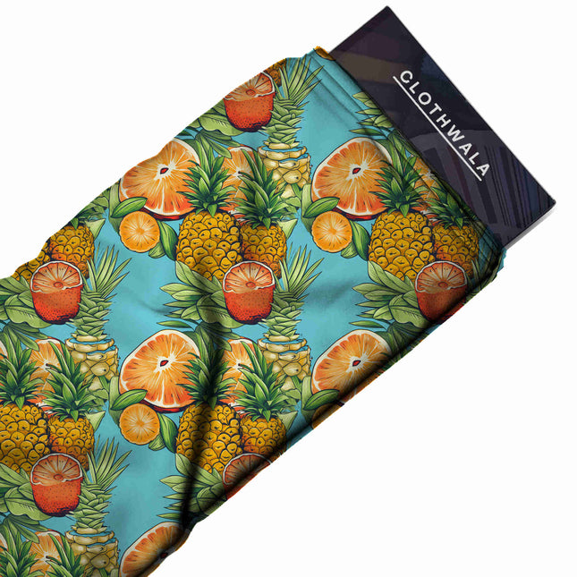 cerulean blue tropical print fabric draped — maxi dress styling