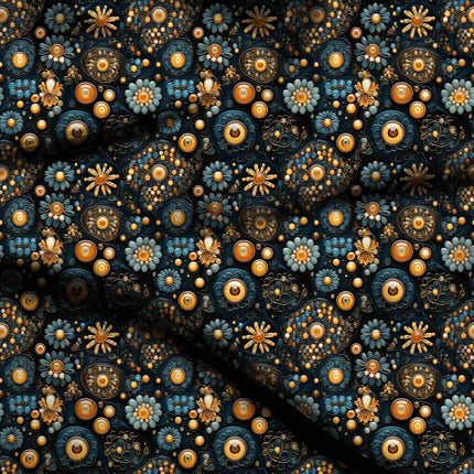 deep teal floral digital print fabric texture — medium scale closeup
