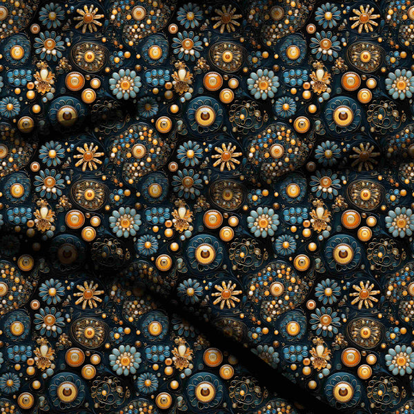 Deep Teal Intricate Jewel-like Floral Motifs Print Fabric