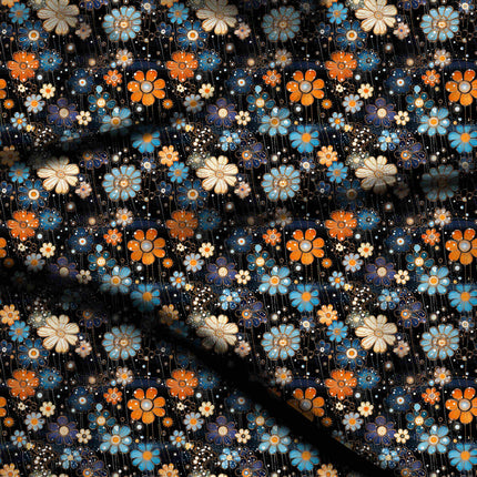cobalt blue floral digital print fabric texture — medium scale closeup