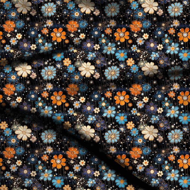 cobalt blue floral digital print fabric texture — medium scale closeup