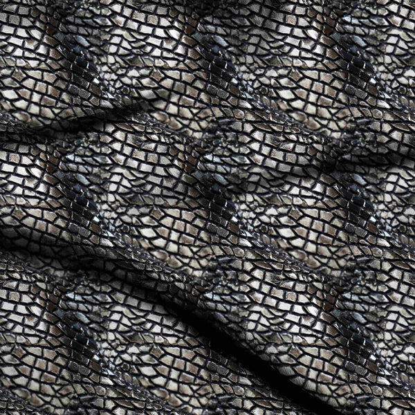 Silver Shimmering Metallic Interlocking Reptile Scale Print Fabric