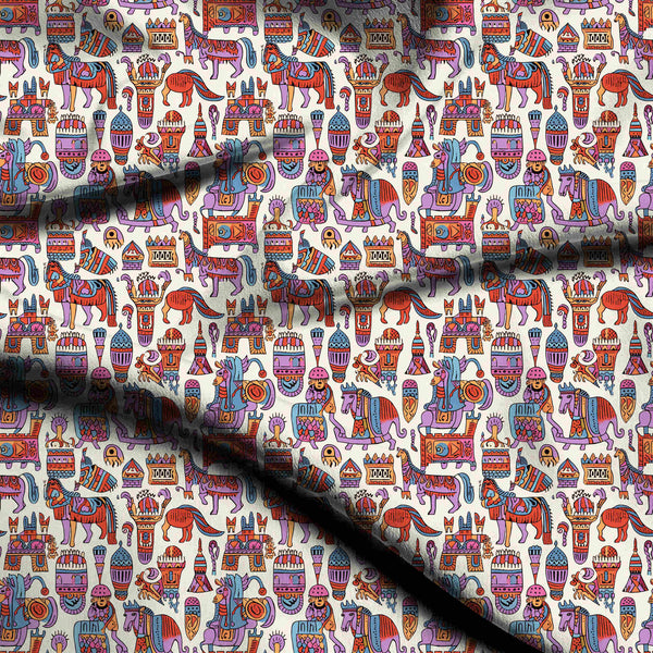 Mustard Yellow Whimsical Folk-inspired Horses And Architectural Print Fabric