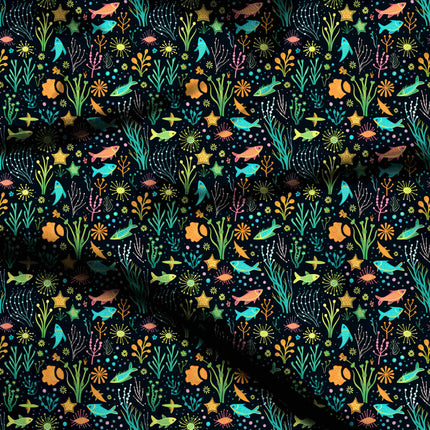 deep navy tropical digital print fabric texture — medium scale closeup
