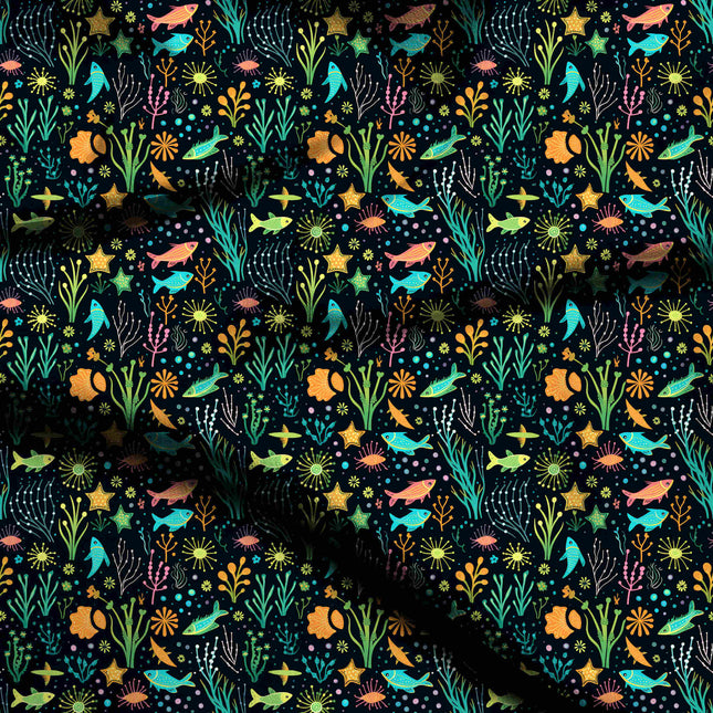 deep navy tropical digital print fabric texture — medium scale closeup