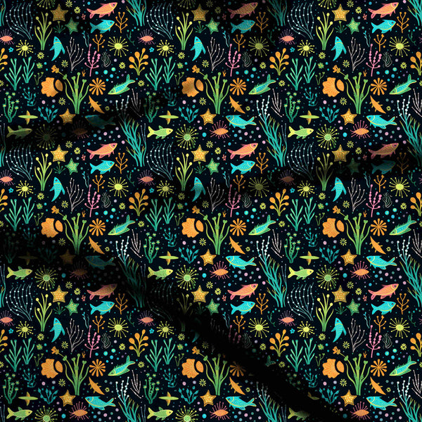 Deep Navy Vibrant Doodle-style Marine Life Print Fabric