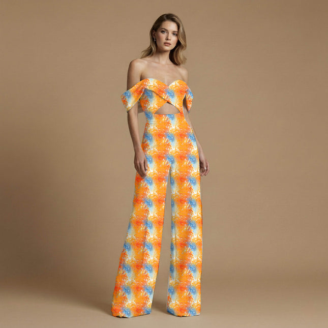 tangerine orange abstract print fabric draped — co-ord set styling