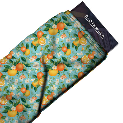 teal blue floral fabric detail — digital print closeup