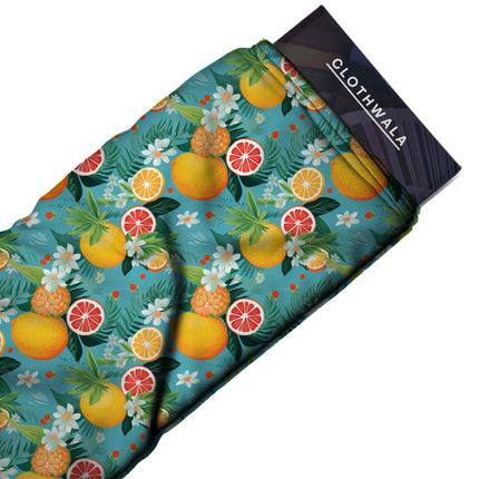 teal blue tropical fabric detail — matte finish digital print closeup
