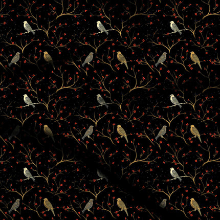 jet black floral digital print fabric texture — medium scale closeup