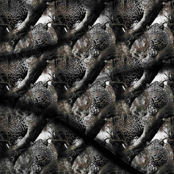 Charcoal Black Photorealistic Monochrome Leopard Resting Print Fabric