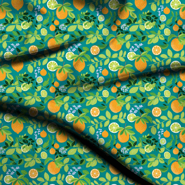 teal green tropical digital print fabric texture — medium scale closeup