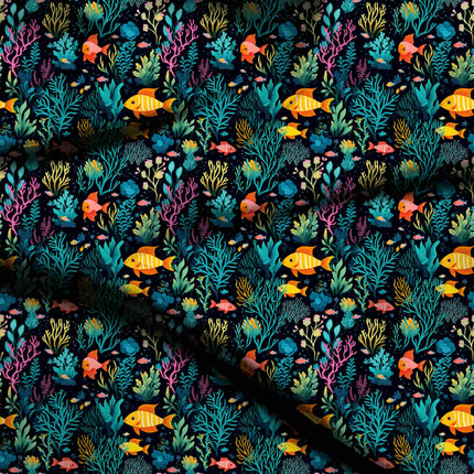 teal tropical digital print fabric texture — medium scale closeup