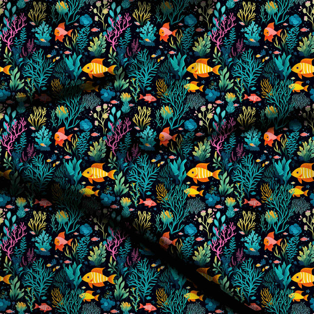teal tropical digital print fabric texture — medium scale closeup