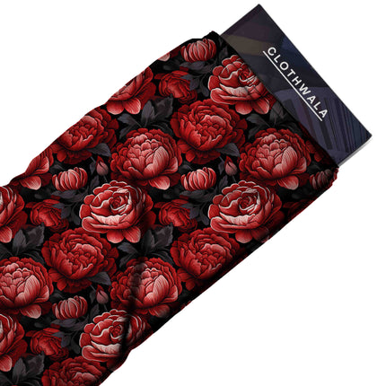 crimson red floral fabric detail — matte finish digital print closeup