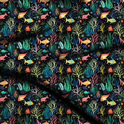 jet black tropical digital print fabric texture — medium scale closeup