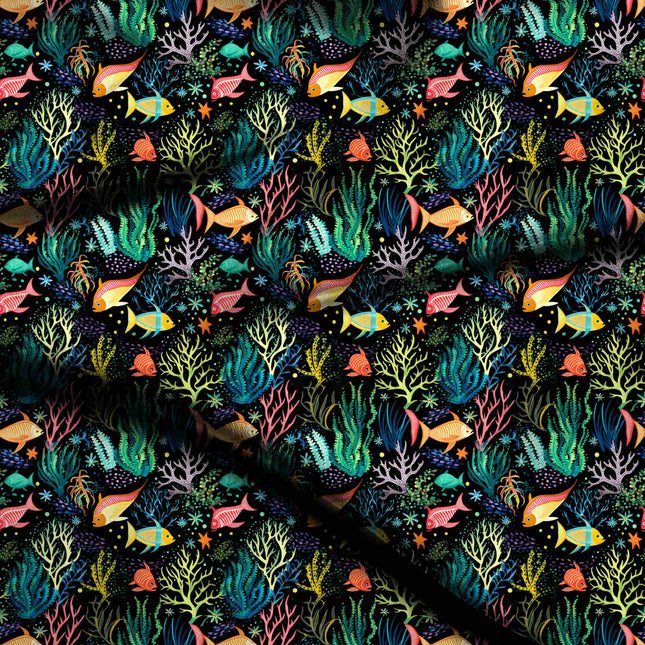 jet black tropical digital print fabric texture — medium scale closeup
