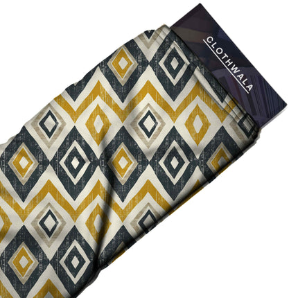 mustard yellow geometric print fabric draped — palazzo pants styling
