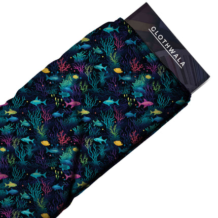 midnight blue tropical fabric detail — matte finish digital print closeup