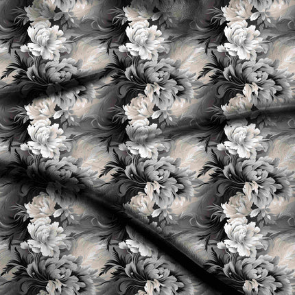jet black floral digital print fabric texture — large scale closeup