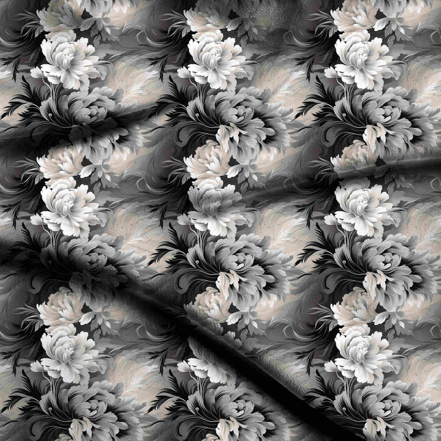 jet black floral digital print fabric texture — large scale closeup