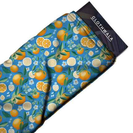 cerulean blue tropical all-over print pattern — medium scale repeat layout