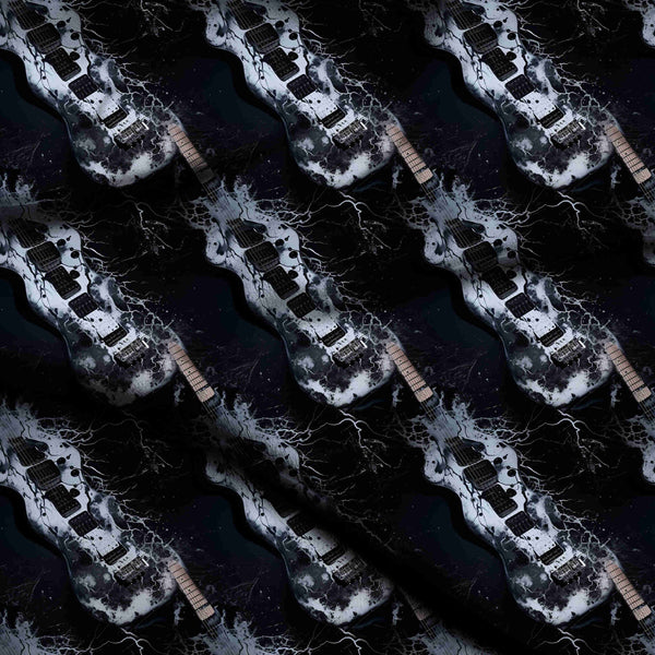 Black Monochrome Electric Guitar Print Fabric