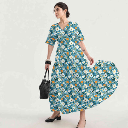 Teal Blue Floral Digital Print Fabric for Dress | Vacation Wear - Image 8