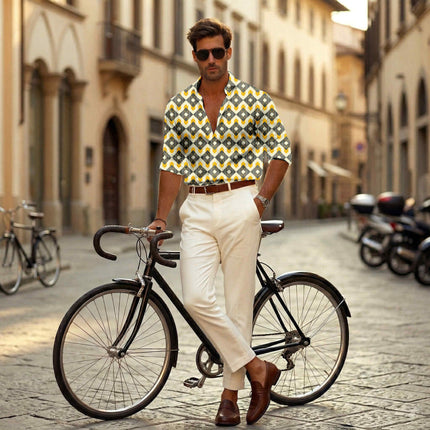 mustard yellow geometric all-over print pattern — medium scale repeat layout