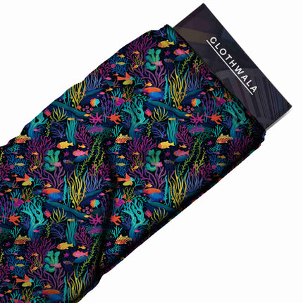 midnight blue tropical all-over print pattern — medium scale repeat layout