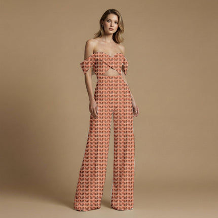 terracotta geometric print fabric draped — maxi dress styling