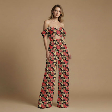 crimson red floral print fabric draped — palazzo pants styling